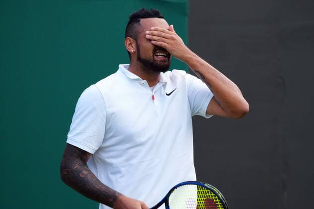 Mandatory Credit: Photo by Javier Garcia Shutterstock (12191440he) Nick Kyrgios reacts during his second round match Wimbledon Tennis Championships, Day 4, The All England Lawn Tennis and Croquet Club, London, UK - 01 Jul 2021 Wimbledon Tennis Championships, Day 4, The All England Lawn Tennis and Croquet Club, London, UK - 01 Jul 2021  Copyright: xJavierxGarcia Shutterstockx 12191440he