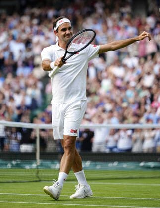 Mandatory Credit: Photo by Shutterstock (12191444db) Roger Federer celebrates victory in his second round match Wimbledon Tennis Championships, Day 4, The All England Lawn Tennis and Croquet Club, London, UK - 01 Jul 2021 Wimbledon Tennis Championships, Day 4, The All England Lawn Tennis and Croquet Club, London, UK - 01 Jul 2021  Copyright: xShutterstockx 12191444db