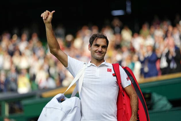 Mandatory Credit: Photo by Shutterstock (12191444dj) Roger Federer celebrates victory in his second round match Wimbledon Tennis Championships, Day 4, The All England Lawn Tennis and Croquet Club, London, UK - 01 Jul 2021 Wimbledon Tennis Championships, Day 4, The All England Lawn Tennis and Croquet Club, London, UK - 01 Jul 2021  Copyright: xShutterstockx 12191444dj