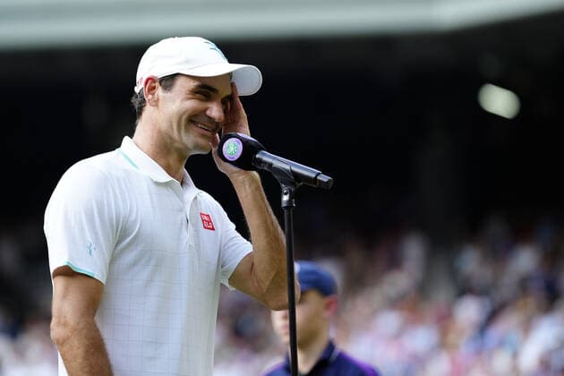 Mandatory Credit: Photo by Shutterstock (12191444dc) Roger Federer celebrates victory in his second round match Wimbledon Tennis Championships, Day 4, The All England Lawn Tennis and Croquet Club, London, UK - 01 Jul 2021 Wimbledon Tennis Championships, Day 4, The All England Lawn Tennis and Croquet Club, London, UK - 01 Jul 2021  Copyright: xShutterstockx 12191444dc