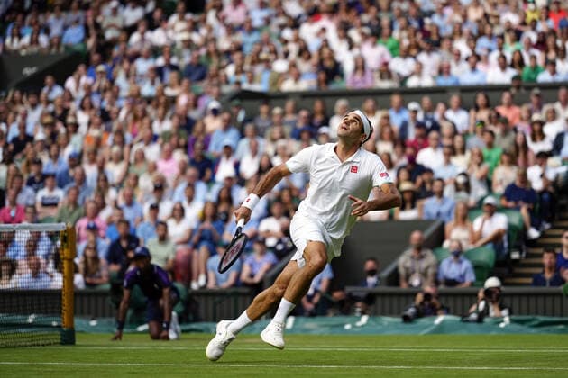 Mandatory Credit: Photo by Shutterstock (12191444dr) Roger Federer during his second round match Wimbledon Tennis Championships, Day 4, The All England Lawn Tennis and Croquet Club, London, UK - 01 Jul 2021 Wimbledon Tennis Championships, Day 4, The All England Lawn Tennis and Croquet Club, London, UK - 01 Jul 2021  Copyright: xShutterstockx 12191444dr