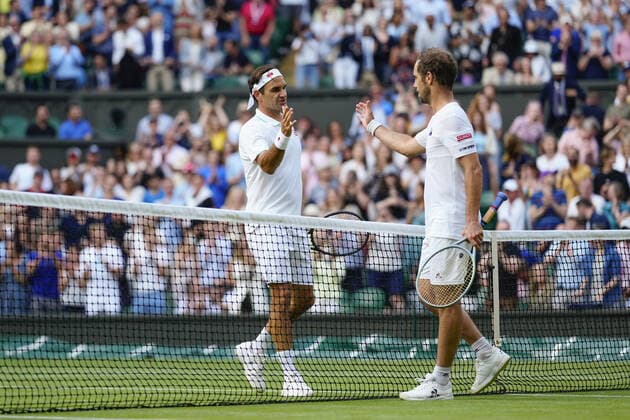 Mandatory Credit: Photo by Shutterstock (12191444dv) Roger Federer is congratulated by Richard Gasquet after their second round match Wimbledon Tennis Championships, Day 4, The All England Lawn Tennis and Croquet Club, London, UK - 01 Jul 2021 Wimbledon Tennis Championships, Day 4, The All England Lawn Tennis and Croquet Club, London, UK - 01 Jul 2021  Copyright: xShutterstockx 12191444dv