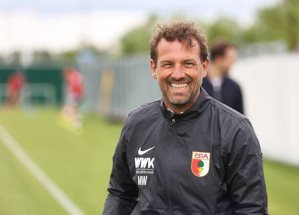 Markus Weinzierl coach FC Augsburg in a good mood on the training ground FC Augsburg, start of training, 2021 2022 season,