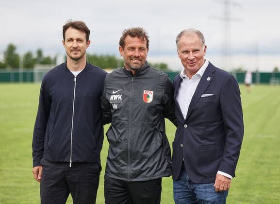 From left to right Christoph Janker Head of Licensed Player Department FC Augsburg , Markus Weinzierl Coach FC Augsburg , Stefan Reuter Managing Director Sport FC Augsburg FC Augsburg, training kick-off, 2021 2022 season,