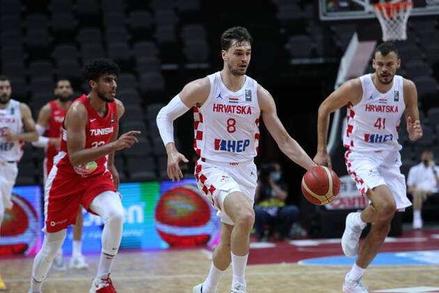 PXL_Croatia v Tunisia - Group A: 2020 FIBA Men s Olympic Qualifying Tournaments SPLIT, CROATIA - JULY 01: Mario Hezonja of Croatia leads the ball towards the basket during the 2020 FIBA Men s Olympic Qualifying Tournament game between Croatia and Tunisia at Spaladium Arena on July 1, 2021 in Split, Croatia. IvoxCagalj PIXSELL