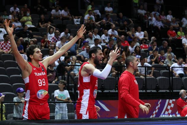 PXL_Croatia v Tunisia - Group A: 2020 FIBA Men s Olympic Qualifying Tournaments SPLIT, CROATIA - JULY 01: Tunisian players celebrate a point during the 2020 FIBA Men s Olympic Qualifying Tournament game between Croatia and Tunisia at Spaladium Arena on July 1, 2021 in Split, Croatia. IvoxCagalj PIXSELL