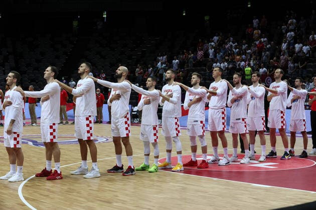 PXL_Croatia v Tunisia - Group A: 2020 FIBA Men s Olympic Qualifying Tournaments SPLIT, CROATIA - JULY 01: Croatian national team, Nationalteam during the performance of the anthem before during the 2020 FIBA Men s Olympic Qualifying Tournament game between Croatia and Tunisia at Spaladium Arena on July 1, 2021 in Split, Croatia. IvoxCagalj PIXSELL