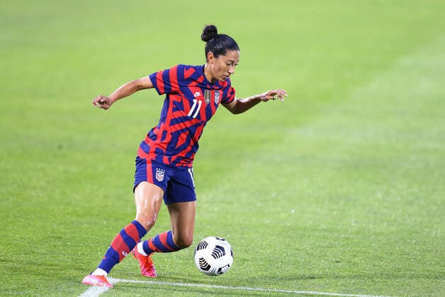 EAST HARTFORD, CT - JULY 01: United States forward Christen Press (11) dribbles the ball during an International Friendly, Länderspiel, Nationalmannschaft match between Mexico and United States on July 1 , 2021 at Pratt & Whitney Stadium at Rentschler Field in East Hartford, CT. (Photo by M. Anthony Nesmith Icon Sportswire) SOCCER: JUL 01 Women s - USA v Mexico Icon21070105