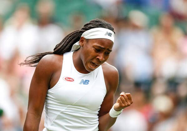 (210702) -- LONDON, July 2, 2021 -- Coco Gauff of the United States reacts during the women s singles second round match between Coco Gauff of the United States and Elena Vesnina of Russia at Wimbledon Championship in London, Britain, on July 1, 2021. ) (SP)BRITAIN-LONDON-TENNIS-WIMBLEDON-DAY 4 HanxYan 
