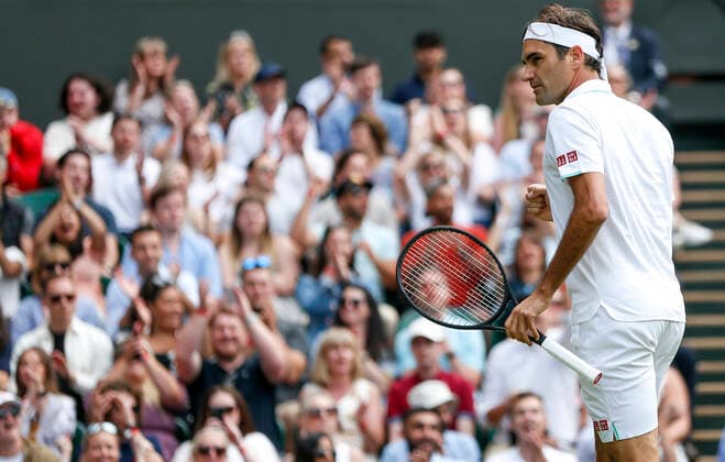 (210702) -- LONDON, July 2, 2021 -- Roger Federer of Switzerland reacts during the men s singles second round match between Roger Federer of Switzerland and Richard Gasquet of France at Wimbledon Championship in London, Britain, on July 1, 2021. ) (SP)BRITAIN-LONDON-TENNIS-WIMBLEDON-DAY 4 HanxYan 