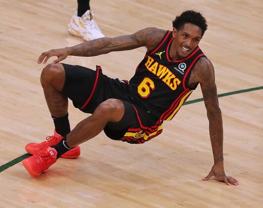 July 1, 2021, Milwaukee, WI, USA: The Atlanta Hawks Lou Williams is knocked to the hardwood during the opening minutes against the Milwaukee Bucks during the first quarter in Game 5 of the Eastern Conference Finals on Thursday, July 1, 2021, at Fiserv Forum in Milwaukee. The Bucks won, 123-112, for a 3-2 series lead. Milwaukee USA - ZUMAm67_ 0123801171st Copyright: xCurtisxComptonx