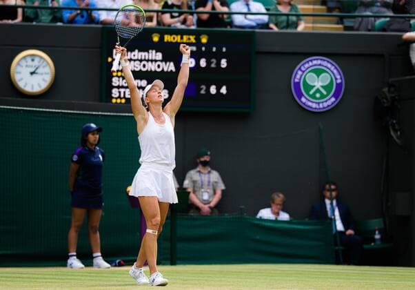 Mandatory Credit: Photo by Rob Prange Shutterstock (12193043o) Liudmila Samsonova of Russia in action during the third round of the 2021 Wimbledon Championships Grand Slam tennis tournament Wimbledon Tennis Championships, Day 5, The All England Lawn Tennis and Croquet Club, London, UK - 02 Jul 2021 Wimbledon Tennis Championships, Day 5, The All England Lawn Tennis and Croquet Club, London, UK - 02 Jul 2021  Copyright: xRobxPrange Shutterstockx 12193043o
