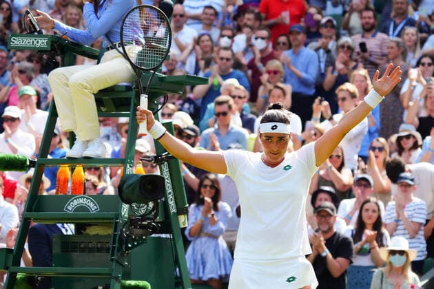Mandatory Credit: Photo by Javier Garcia Shutterstock (12193040df) Ons Jabeur celebrating victory in her third round match Wimbledon Tennis Championships, Day 5, The All England Lawn Tennis and Croquet Club, London, UK - 02 Jul 2021 Wimbledon Tennis Championships, Day 5, The All England Lawn Tennis and Croquet Club, London, UK - 02 Jul 2021  Copyright: xJavierxGarcia Shutterstockx 12193040df