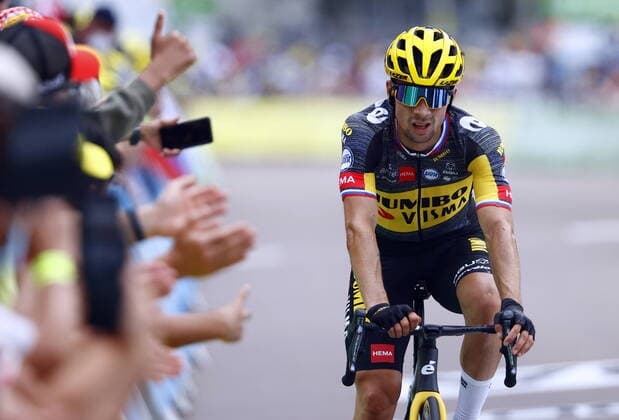 Slovenian Primoz Roglic of Team Jumbo-Visma reacts at the finish of the seventh stage of the 108th edition of the Tour de France cycling race, 249,1km from Vierzon to Le Creusot, France, Friday 02 July 2021. This year s Tour de France takes place from 26 June to 18 July 2021. POOLxLUCAxBETTINI  x3025358x