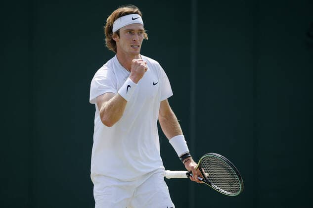 Mandatory Credit: Photo by Shutterstock (12193047ar) Andrey Rublev of Russia celebrates Wimbledon Tennis Championships, Day 5, The All England Lawn Tennis and Croquet Club, London, UK - 02 Jul 2021 Wimbledon Tennis Championships, Day 5, The All England Lawn Tennis and Croquet Club, London, UK - 02 Jul 2021  Copyright: xShutterstockx 12193047ar
