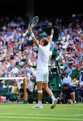 Mandatory Credit: Photo by Javier Garcia Shutterstock (12193040ij) Sebastian Korda celebrates victory in his third round match Wimbledon Tennis Championships, Day 5, The All England Lawn Tennis and Croquet Club, London, UK - 02 Jul 2021 Wimbledon Tennis Championships, Day 5, The All England Lawn Tennis and Croquet Club, London, UK - 02 Jul 2021  Copyright: xJavierxGarcia Shutterstockx 12193040ij