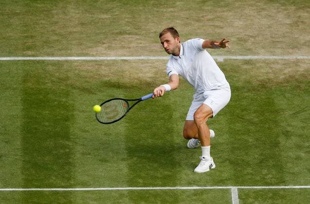 Mandatory Credit: Photo by Shutterstock (12193047cn) Dan Evans of GBR in action Wimbledon Tennis Championships, Day 5, The All England Lawn Tennis and Croquet Club, London, UK - 02 Jul 2021 Wimbledon Tennis Championships, Day 5, The All England Lawn Tennis and Croquet Club, London, UK - 02 Jul 2021  Copyright: xShutterstockx 12193047cn