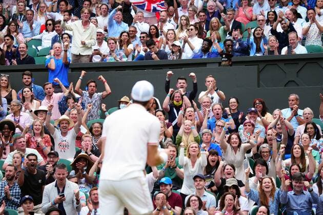 Mandatory Credit: Photo by Javier Garcia Shutterstock (12193040jq) Andy Murray celebrates in front of his fans during his third round match Wimbledon Tennis Championships, Day 5, The All England Lawn Tennis and Croquet Club, London, UK - 02 Jul 2021 Wimbledon Tennis Championships, Day 5, The All England Lawn Tennis and Croquet Club, London, UK - 02 Jul 2021  Copyright: xJavierxGarcia Shutterstockx 12193040jq