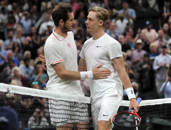 Tennis - 2021 All England Championships - Week One - Day Five (Friday) - Wimbledon Andy Murray v Denis Shapovalov Andy Murray congratulates Denis Shapovalov at the net after defeat 