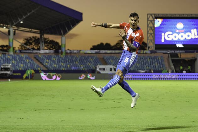 July 2, 2021, Goiania, Brazil: Gustavo Gomez, from Paraguay National Soccer Team, celebrates his goal during soccer soccer match between Peru and Paraguay, valid for the quarterfinals of Copa America 2021, held at Pedro Ludovico Teixeira Olympic Stadium, in Goiania, on Friday (2).  Copyright: xLecoxVianax