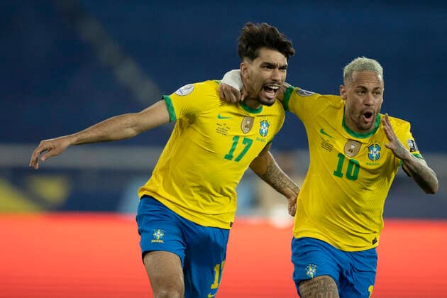 2nd July 2021; Nilton Santos Stadium, Rio de Janeiro, Brazil; Copa America, Brazil versus Chile; Lucas Paquet& xe1; of Brazil celebrates his goal with Neymar in the 46th minute 1-0  ActionPlus12301950 LucasxFigueiredo