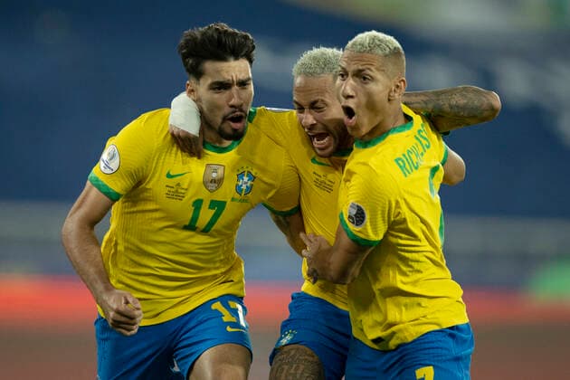 2nd July 2021; Nilton Santos Stadium, Rio de Janeiro, Brazil; Copa America, Brazil versus Chile; Lucas Paquet& xe1; of Brazil celebrates his goal with Neymar and Richarlison in the 46th minute 1-0  ActionPlus12301953 LucasxFigueiredo