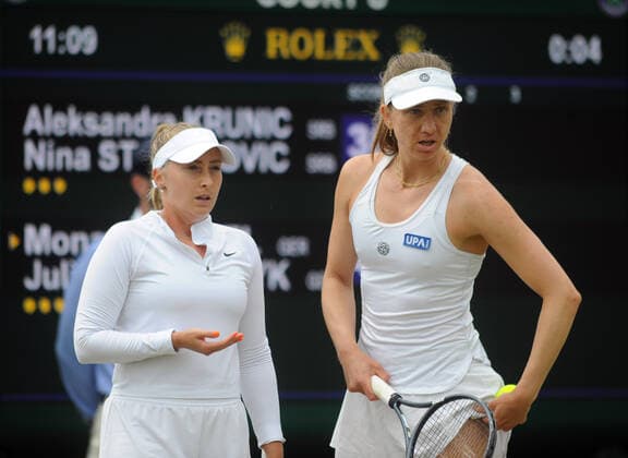 Tennis - 2021 All England Championships - Week One - Day Six (Saturday) - Wimbledon Ladies Doubles - Aleksandar Krunic and Nina Stojanovic v Mona Barthel and Julia Wachaczyk Mona Barthel (right) and Julia Wachaczyk - Germany 