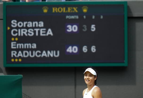 Mandatory Credit: Photo by Dave Shopland Shutterstock (12194409dn) Emma Raducanu at match point during her third round match Wimbledon Tennis Championships, Day 6, The All England Lawn Tennis and Croquet Club, London, UK - 03 Jul 2021 Wimbledon Tennis Championships, Day 6, The All England Lawn Tennis and Croquet Club, London, UK - 03 Jul 2021  Copyright: xDavexShopland Shutterstockx 12194409dn