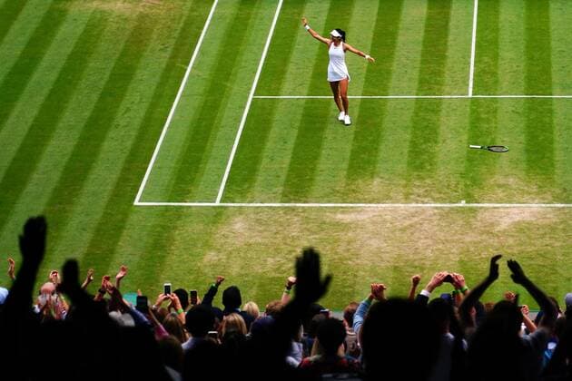 Mandatory Credit: Photo by Javier Garcia Shutterstock (12194408bz) Emma Raducanu celebrates victory in her third round match Wimbledon Tennis Championships, Day 6, The All England Lawn Tennis and Croquet Club, London, UK - 03 Jul 2021 Wimbledon Tennis Championships, Day 6, The All England Lawn Tennis and Croquet Club, London, UK - 03 Jul 2021  Copyright: xJavierxGarcia Shutterstockx 12194408bz
