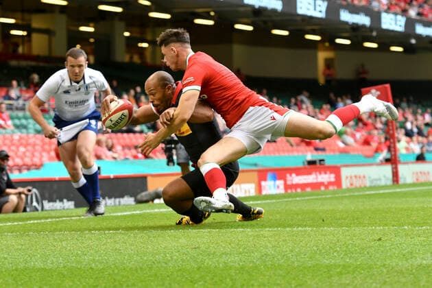 Rugby Union - 2021 Summer International - Wales vs Canada - Principality Stadium Kaiona Lloyd ; scores a try COLORSPORT WINSTON BYNORTH 