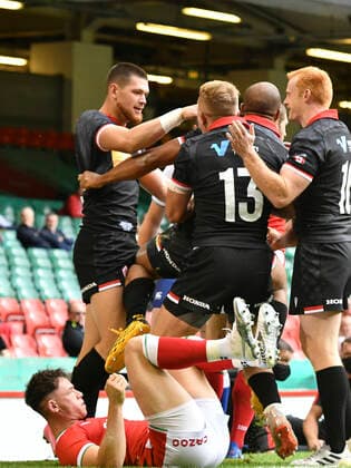 Rugby Union - 2021 Summer International - Wales vs Canada - Principality Stadium Canada celebrates scoring their 1st try COLORSPORT WINSTON BYNORTH 