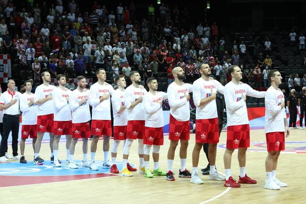 Germany v Croatia - Semi Final: 2020 FIBA Men s Olympic Qualifying Tournament Croatia national team, Nationalteam line up for the National Anthem prior the 2020 FIBA Men s Olympic Qualifying Tournament game between Germany and Croatia at Spaladium Arena on July 3, 2021 in Split, Croatia. IvoxCagalj PIXSELL