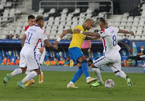 Neymar jr of Brazil during the Copa America 2021, quarter final football match between Brazil and Chile on July 2 , 2021 at Olympic stadium in Rio de Janeiro, Brazil FOOTBALL : Copa America 2021 - 1 4 de Finale - Bresil s chili - 02 07 2021 LaurentLairys Panoramic 