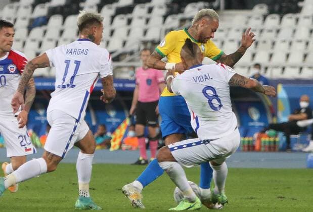 Neymar jr of Brazil during the Copa America 2021, quarter final football match between Brazil and Chile on July 2 , 2021 at Olympic stadium in Rio de Janeiro, Brazil FOOTBALL : Copa America 2021 - 1 4 de Finale - Bresil s chili - 02 07 2021 LaurentLairys Panoramic 