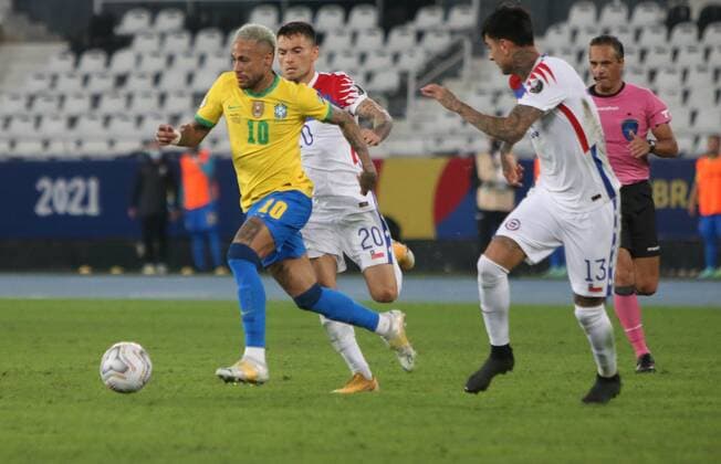 Neymar jr of Brazil during the Copa America 2021, quarter final football match between Brazil and Chile on July 2 , 2021 at Olympic stadium in Rio de Janeiro, Brazil FOOTBALL : Copa America 2021 - 1 4 de Finale - Bresil s chili - 02 07 2021 LaurentLairys Panoramic 