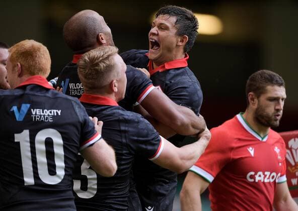 Mandatory Credit: Photo by Ryan Hiscott JMP Shutterstock (12194685c) Cole Davis of Canada celebrates scoring his sides first try of the game Wales v Canada, UK - 03 Jul 2021 Wales v Canada, UK - 03 Jul 2021  Copyright: xRyanxHiscott JMP Shutterstockx 12194685c