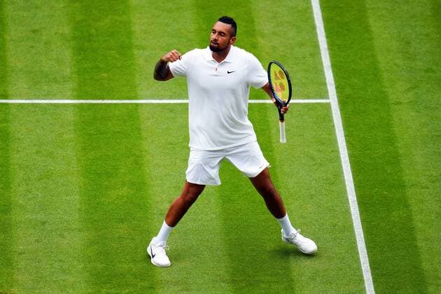 Mandatory Credit: Photo by Javier Garcia Shutterstock (12194408cf) Nick Kyrgios celebrates during his third round match Wimbledon Tennis Championships, Day 6, The All England Lawn Tennis and Croquet Club, London, UK - 03 Jul 2021 Wimbledon Tennis Championships, Day 6, The All England Lawn Tennis and Croquet Club, London, UK - 03 Jul 2021  Copyright: xJavierxGarcia Shutterstockx 12194408cf