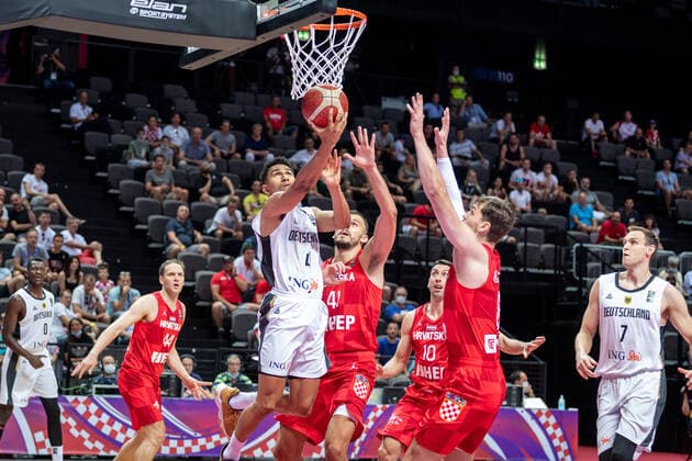 Basketball Split 03 07 2021 Olympic Qualifying FIBA Olympic Qualifying Tournament 2020 Semifinals Germany GER Croatia CRO Maodo Lo Germany, No 04 Ante Zizic Croatia, No 41