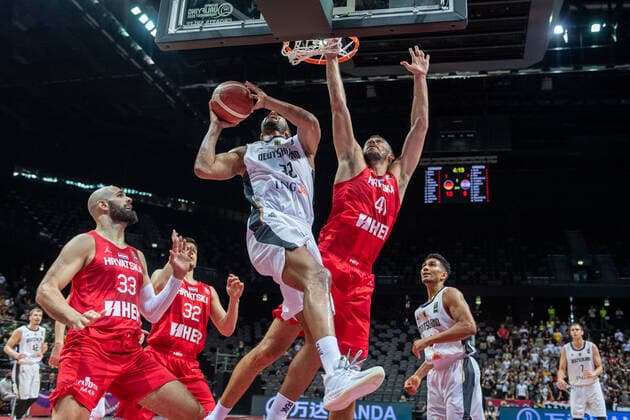 Basketball Split 03 07 2021 Olympic Qualification FIBA Olympic Qualifying Tournament 2020 Semifinals Germany GER Croatia CRO Johannes Thiemann Germany, No 32 Ante Zizic Croatia, No 41
