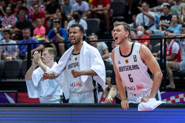 Basketball Split 03 07 2021 Olympic Qualifying FIBA Olympic Qualifying Tournament 2020 Semifinals Germany GER Croatia CRO Cheers Johannes Thiemann Germany, No 32 Jan Niklas Wimberg Germany, No 06