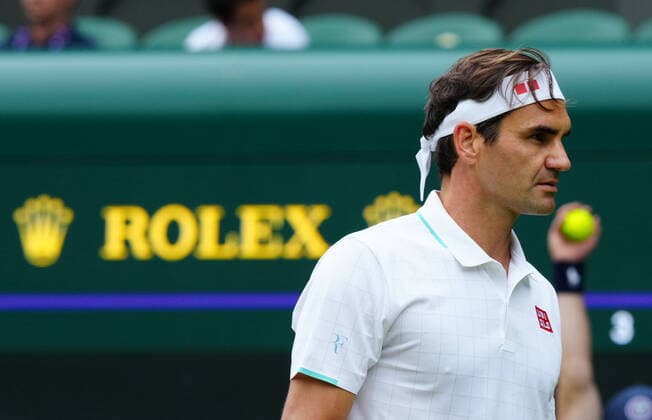 Mandatory Credit: Photo by Dave Shopland Shutterstock (12194409ef) Roger Federer during his third round match Wimbledon Tennis Championships, Day 6, The All England Lawn Tennis and Croquet Club, London, UK - 03 Jul 2021 Wimbledon Tennis Championships, Day 6, The All England Lawn Tennis and Croquet Club, London, UK - 03 Jul 2021  Copyright: xDavexShopland Shutterstockx 12194409ef