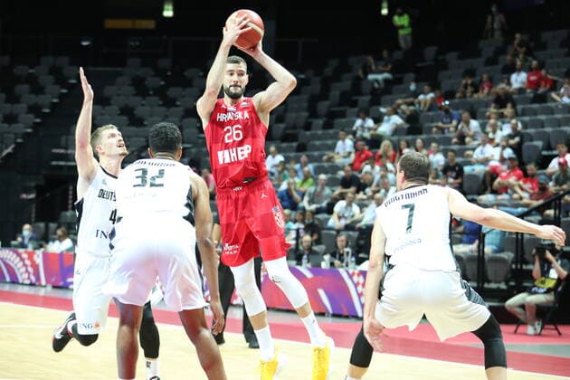 Germany v Croatia - Semi Final: 2020 FIBA Men s Olympic Qualifying Tournament Luka Babic of Croatia pasess the ball during the 2020 FIBA Men s Olympic Qualifying Tournament game between Germany and Croatia at Spaladium Arena on July 3, 2021 in Split, Croatia. IvoxCagalj PIXSELL