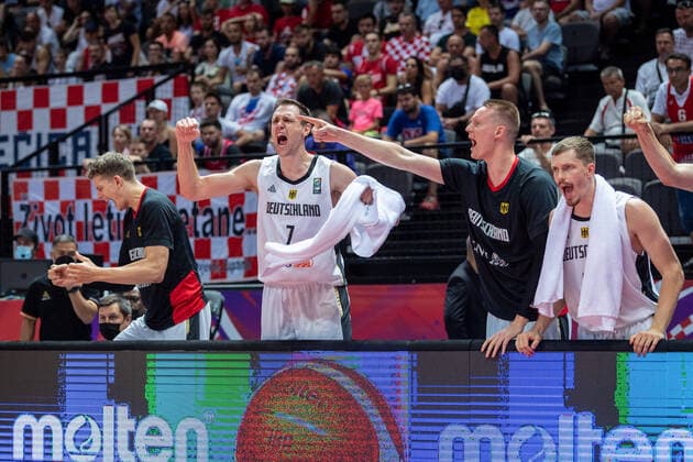 Basketball Split 03 07 2021 Olympic Qualification FIBA Olympic Qualifying Tournament 2020 Semifinals Germany GER Croatia CRO Cheers Moritz Wagner Germany, No 13 Johannes Voigtmann Germany, No 07 Robin Benzing Germany, No 12 Andreas Obst Germany, No 42 vlnr