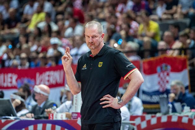 Basketball Split 03 07 2021 Olympic Qualification FIBA Olympic Qualifying Tournament 2020 Semifinals Germany GER Croatia CRO Henrik Rödl Germany, national coach Rodl Roedl cheering