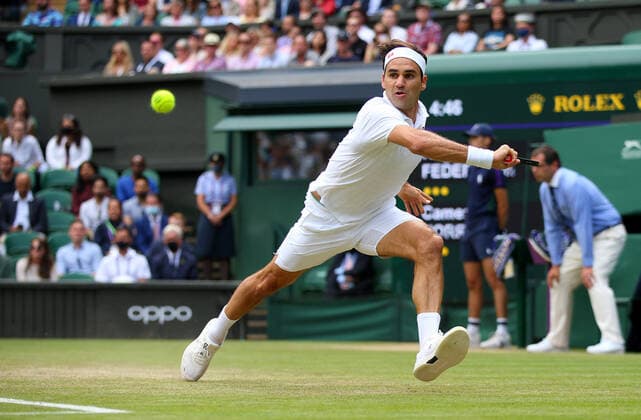 Mandatory Credit: Photo by Shutterstock (12194410bu) Roger Federer of Switzerland in action Wimbledon Tennis Championships, Day 6, The All England Lawn Tennis and Croquet Club, London, UK - 03 Jul 2021 Wimbledon Tennis Championships, Day 6, The All England Lawn Tennis and Croquet Club, London, UK - 03 Jul 2021  Copyright: xShutterstockx 12194410bu