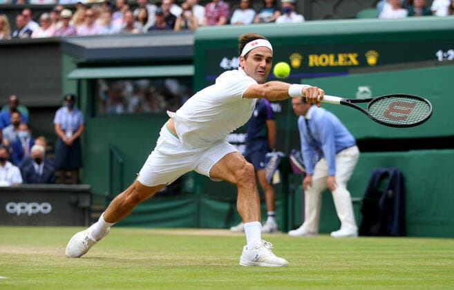 Mandatory Credit: Photo by Shutterstock (12194410bs) Roger Federer of Switzerland in action Wimbledon Tennis Championships, Day 6, The All England Lawn Tennis and Croquet Club, London, UK - 03 Jul 2021 Wimbledon Tennis Championships, Day 6, The All England Lawn Tennis and Croquet Club, London, UK - 03 Jul 2021  Copyright: xShutterstockx 12194410bs