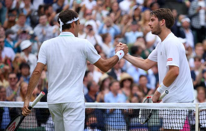 Mandatory Credit: Photo by Shutterstock (12194410bj) Cameron Norrie of Great Britain shakes hands with Roger Federer of Switzerland Wimbledon Tennis Championships, Day 6, The All England Lawn Tennis and Croquet Club, London, UK - 03 Jul 2021 Wimbledon Tennis Championships, Day 6, The All England Lawn Tennis and Croquet Club, London, UK - 03 Jul 2021  Copyright: xShutterstockx 12194410bj