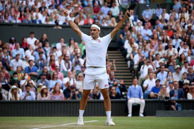 Mandatory Credit: Photo by Shutterstock (12194410az) Roger Federer of Switzerland celebrates on match point Wimbledon Tennis Championships, Day 6, The All England Lawn Tennis and Croquet Club, London, UK - 03 Jul 2021 Wimbledon Tennis Championships, Day 6, The All England Lawn Tennis and Croquet Club, London, UK - 03 Jul 2021  Copyright: xShutterstockx 12194410az