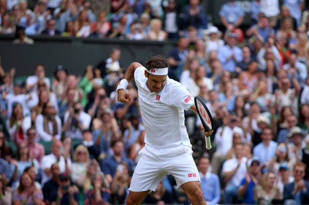 Mandatory Credit: Photo by Shutterstock (12194410ba) Roger Federer of Switzerland celebrates on match point Wimbledon Tennis Championships, Day 6, The All England Lawn Tennis and Croquet Club, London, UK - 03 Jul 2021 Wimbledon Tennis Championships, Day 6, The All England Lawn Tennis and Croquet Club, London, UK - 03 Jul 2021  Copyright: xShutterstockx 12194410ba