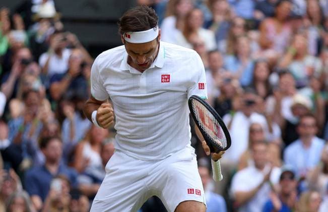 Mandatory Credit: Photo by Shutterstock (12194410bb) Roger Federer of Switzerland celebrates on match point Wimbledon Tennis Championships, Day 6, The All England Lawn Tennis and Croquet Club, London, UK - 03 Jul 2021 Wimbledon Tennis Championships, Day 6, The All England Lawn Tennis and Croquet Club, London, UK - 03 Jul 2021  Copyright: xShutterstockx 12194410bb